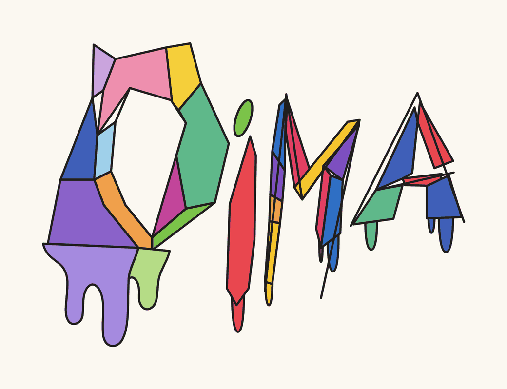 DiMA written in colourful geometric letters with paint drips